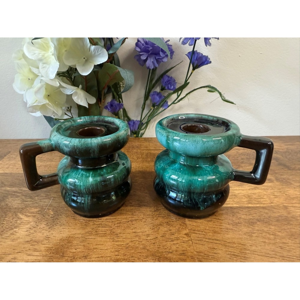 Vintage Canadian Pottery Candle‎ Holders Green Drip Glaze Pair Retro Decor